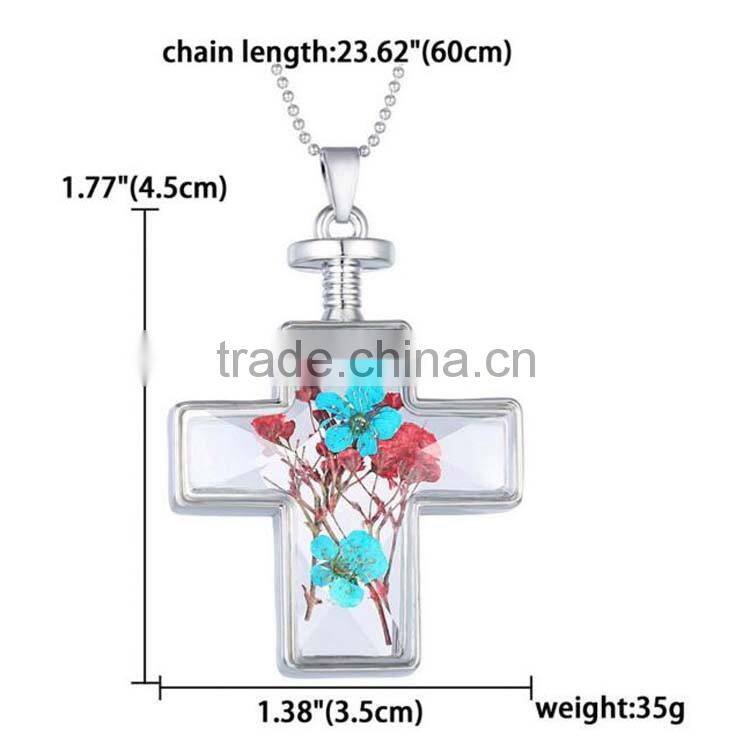 Pressed Flower Multi-Colored Cross Pendant Necklace