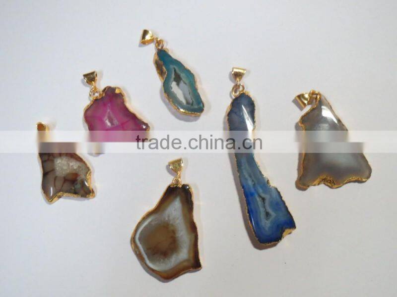 Natural ELECTROPLATED GOLD Agate Slice Pendant