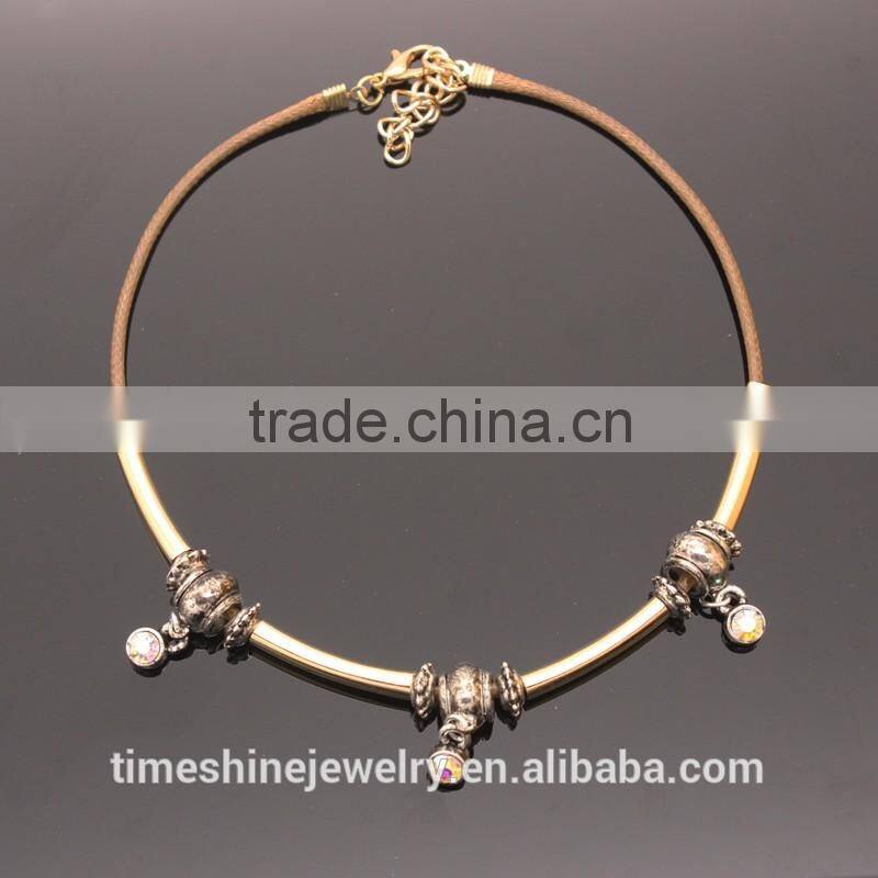 Best selling short leather with gold metal charms necklace