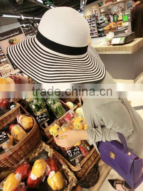 Wholesale summer panama paper straw hat striped lady floppy hat