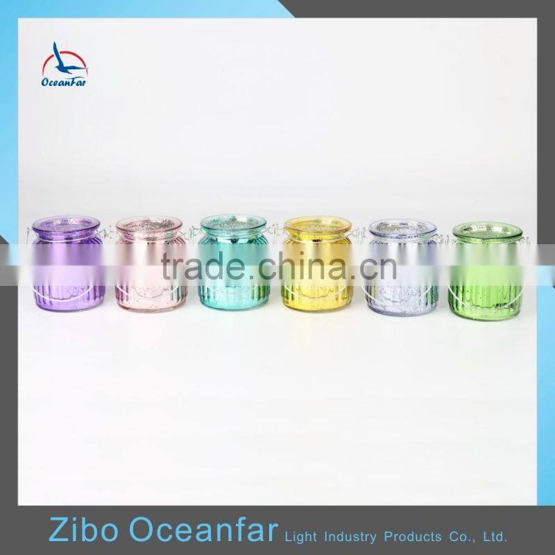 Eco-friendly Electroplate Glass Candle Holder Ribbed Colored Vintage Candle Jar