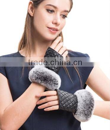 Fingerless Gloves Sheepskin gloves mittens With Rex Rabbit Fur Trim For Winter Lady