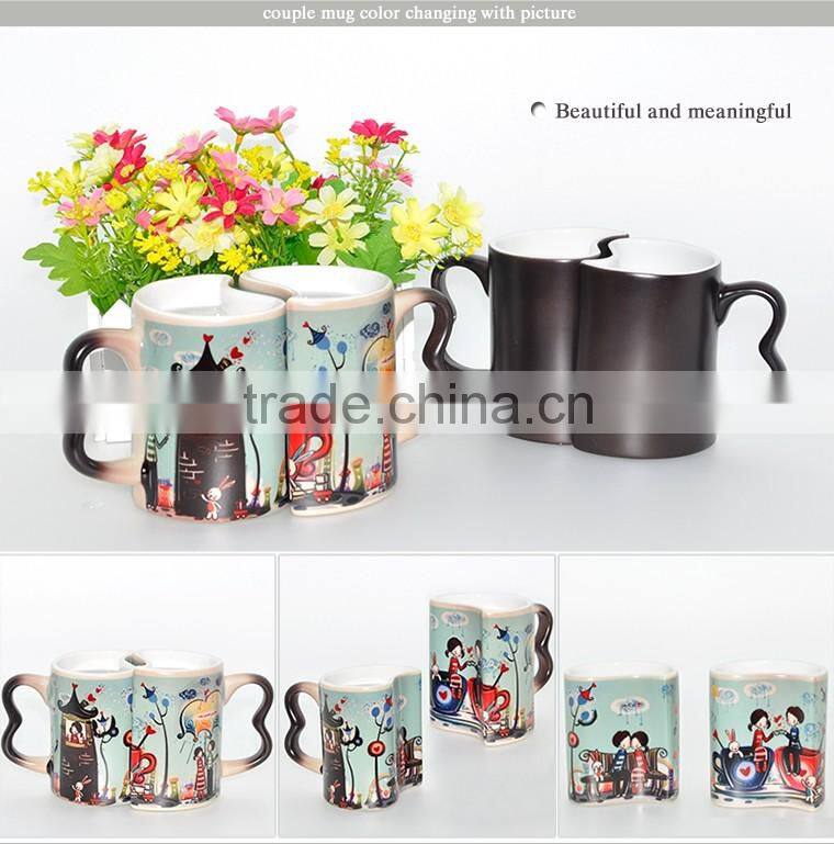 High Quality Heart Shape Magic Ceramic Sublimation Couple Mug