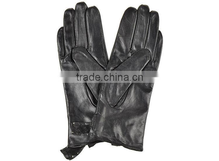 Beautiful bowknot design rivet sheepskin leather gloves for MS