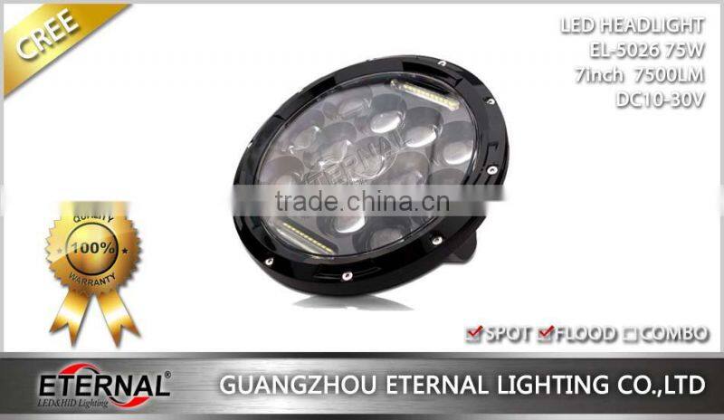 7 inch 75W led headlight for jeep wrangler rubicon off road with dual beam H4 plug halo angel eyes ring