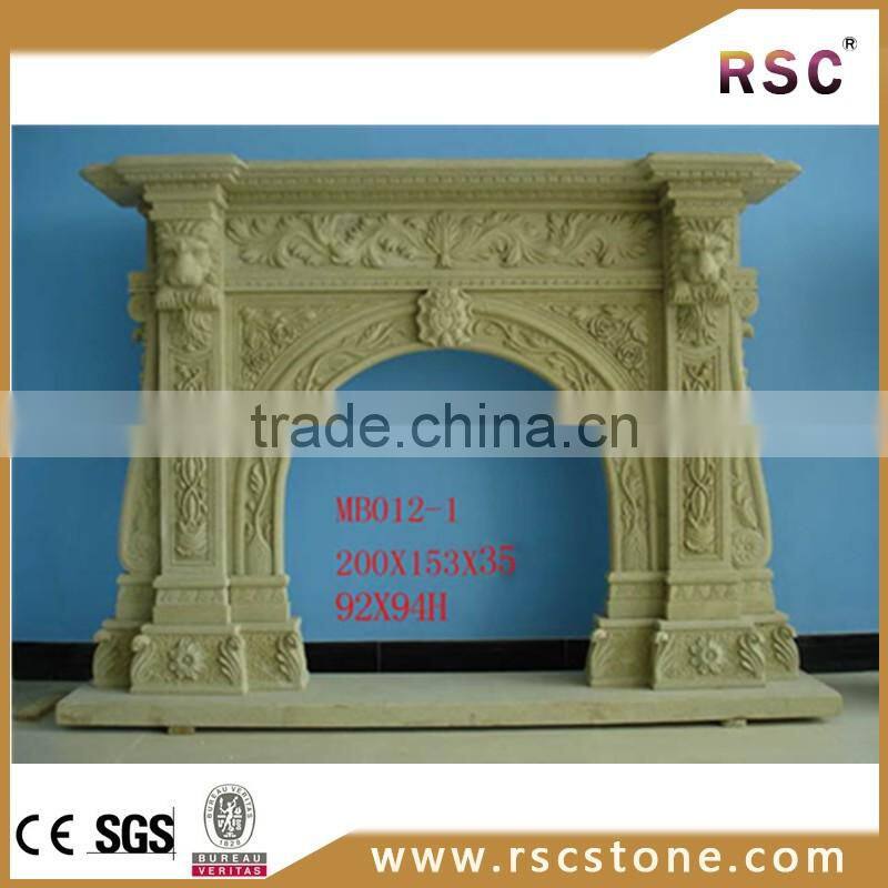 Artificial lion pillar carved fireplace mantel