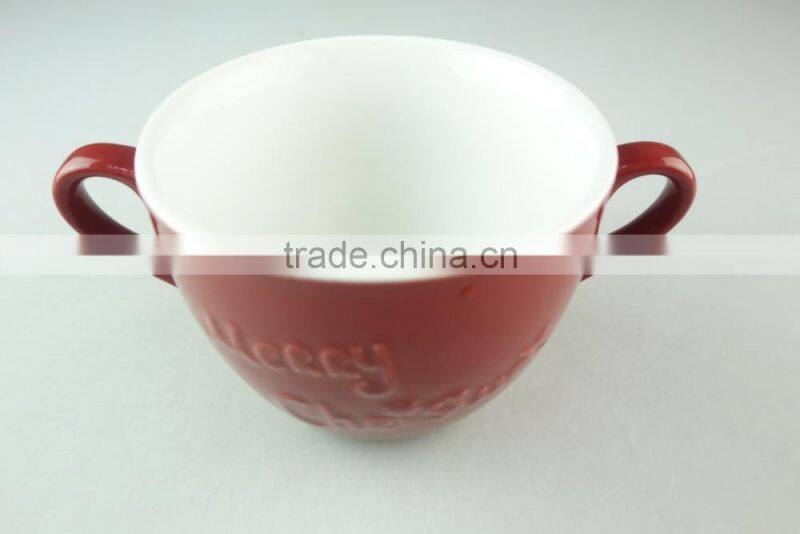 stock cheap red color ceramic soup cup with two handles