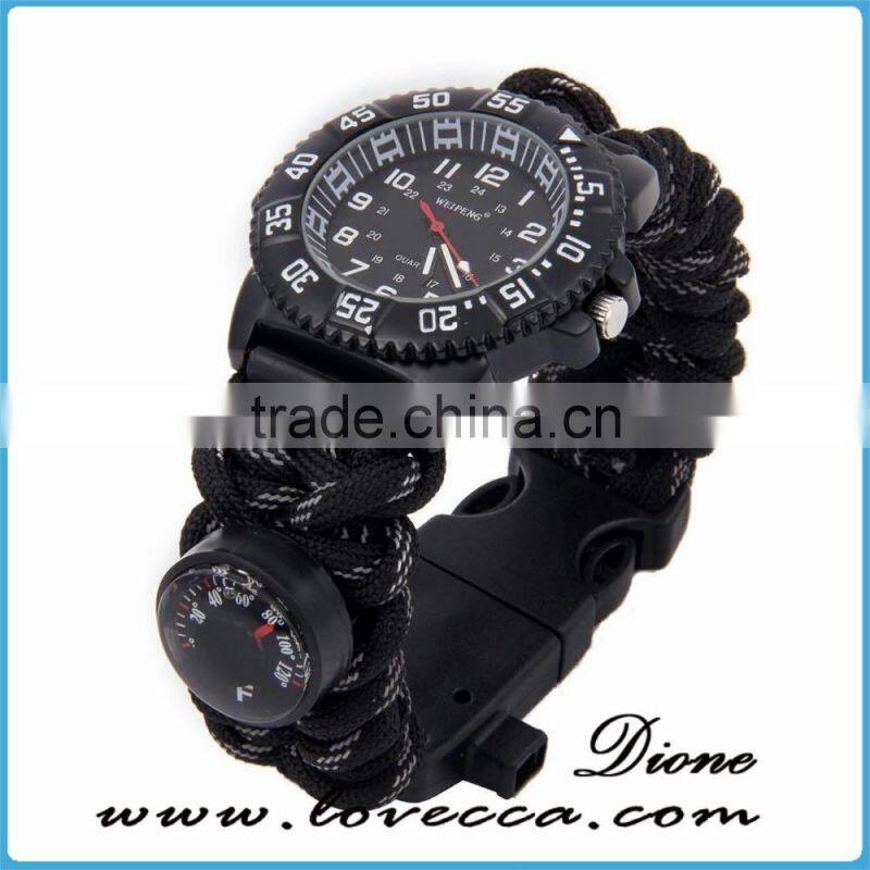Hiking&camping 480 Paracord survival Waterproof Quartz Watch bracelet with compass thermometer firestarter whistle