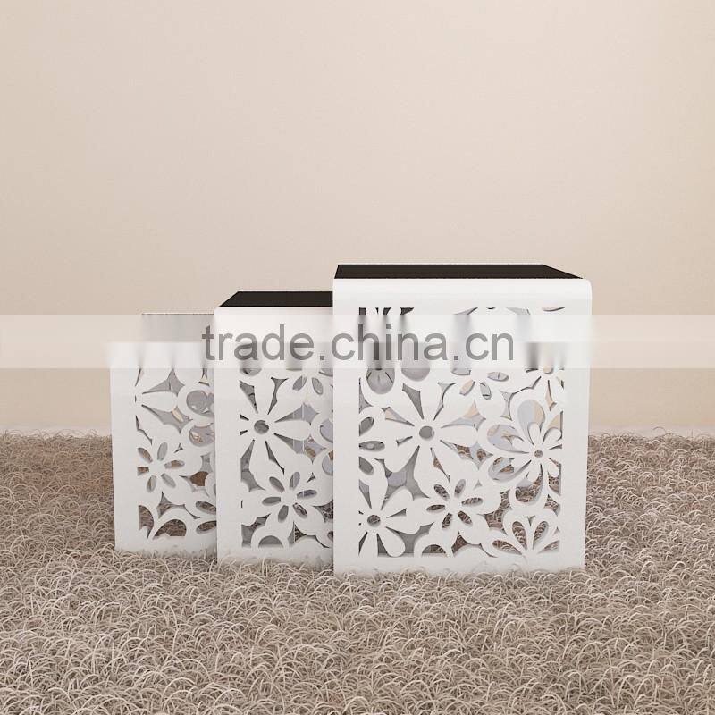 nest table set of 3 with High Glossy MDF wood Side Table with carving flower Living Room coffee table with glass