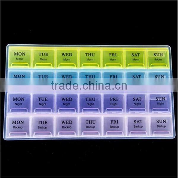 whole sale monthly pill box plastic/custom 28 compartment divided pill box wirh english words Shenzhen manufacturer