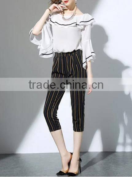 2017 wholesale summer women big round neck ruffle sleeve fashion chiffon blouse