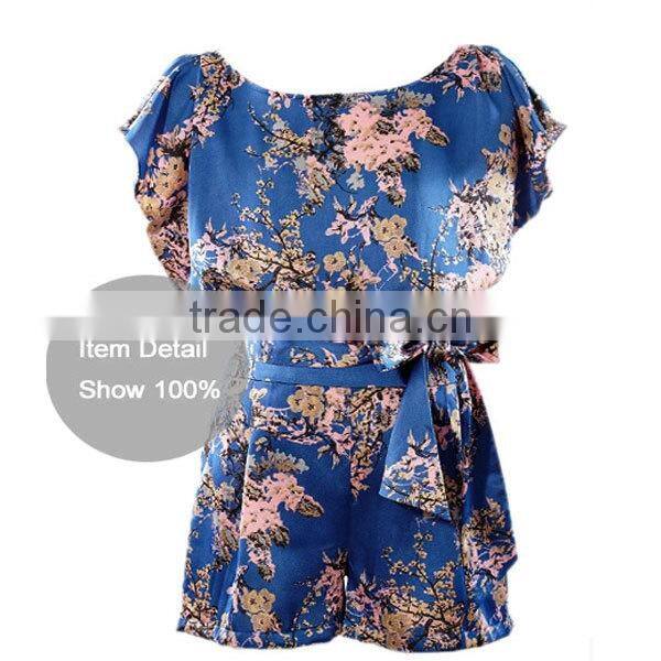Latest design printing sash belted short jumpsuit in satin for women