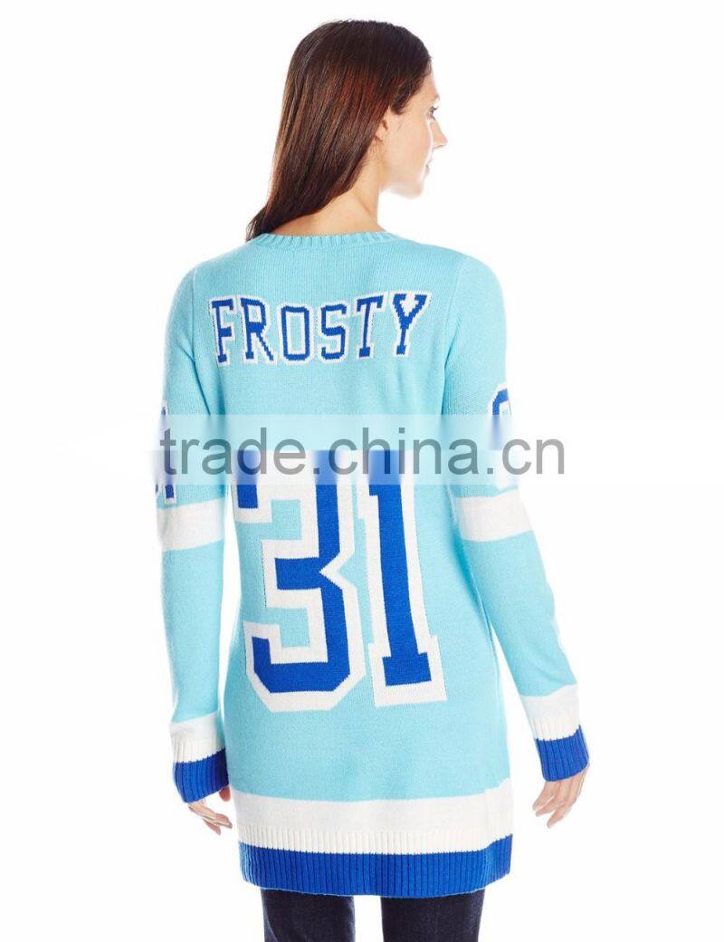 Women Light Blue Sweater Snowman Word Pattern Christmas Sweater Ugly
