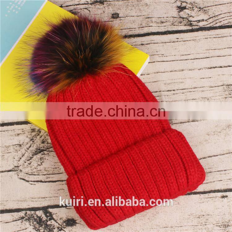 Wholesale Beanie Hats with raccoon fur ball for lady