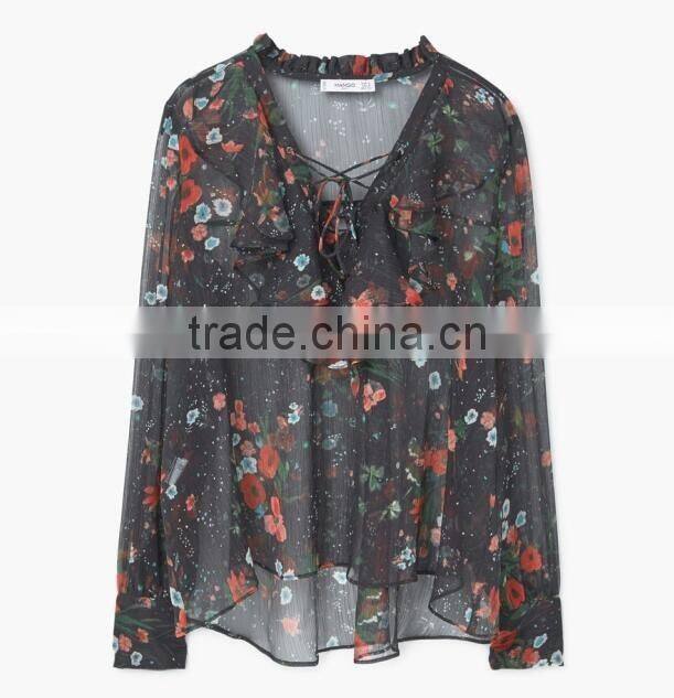 2017 women fashion ruffle Blouses Custom Floral Printing Women Tops