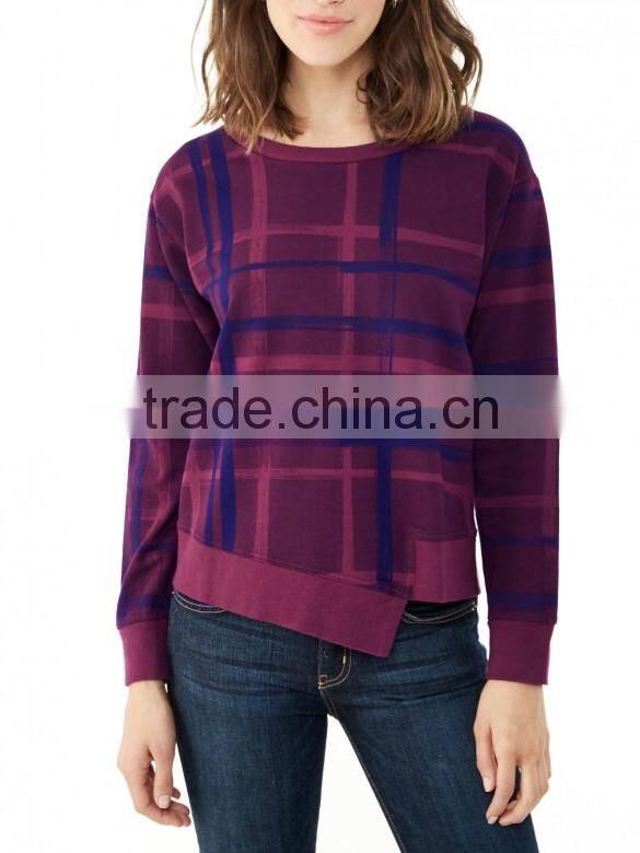 Newly Designed Purple Plead Eco-Micro Fleece Crew Sweatshirt with Irregular Hem for Women