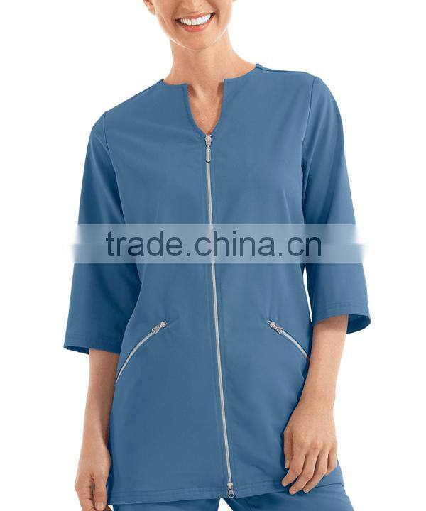 Solid Blue Color OEM Zipper Closure 3/4 Sleeve Women Spa Coat