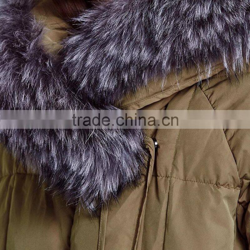 Women's green loose fit zipper-up down jacket/coat/wear with fur collar