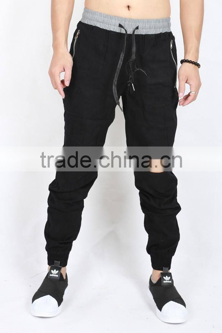 mens knee hole zipper pockement contrast color elastic waistband casual joggers pants