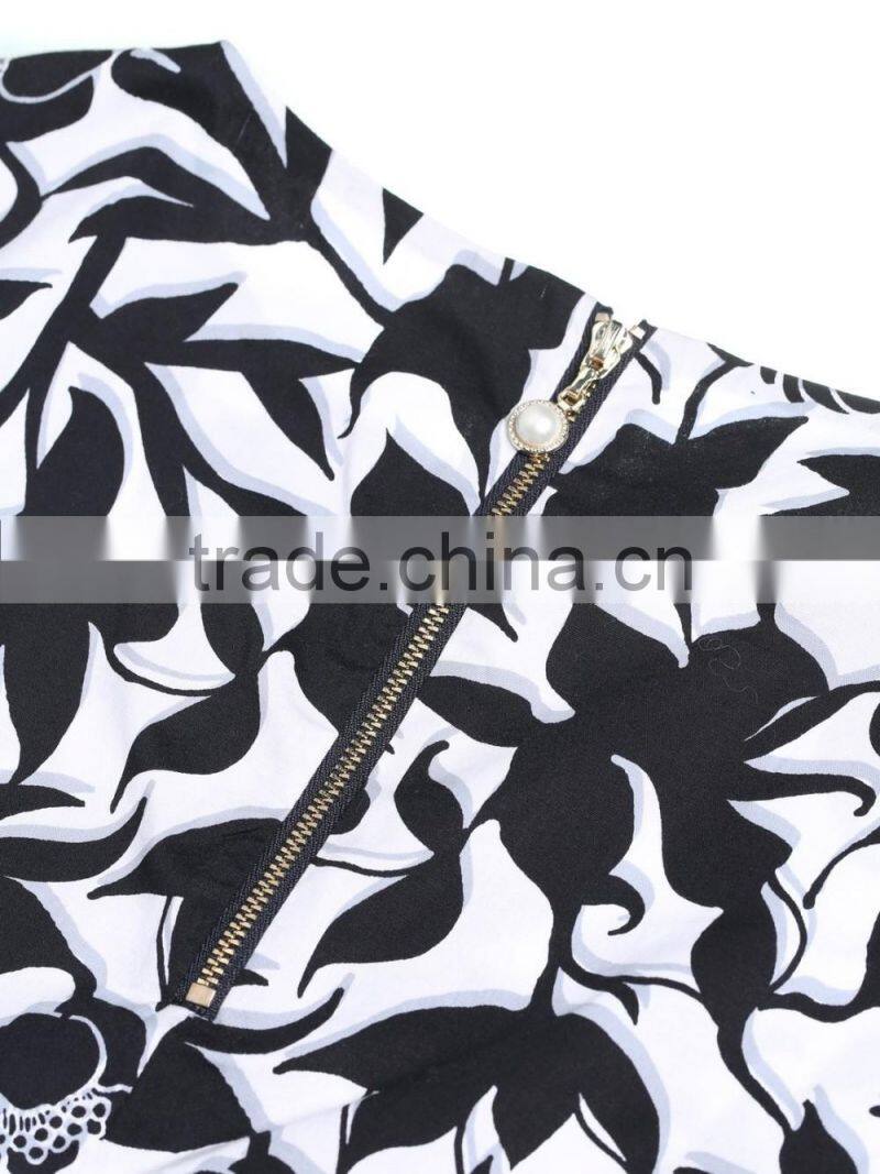 Womens cotton full printing loose back zipper-up shirt/blouse