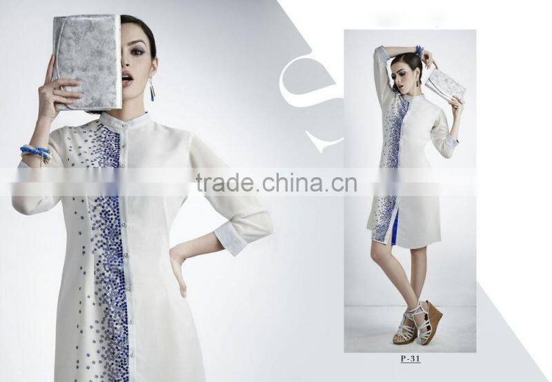 Salmon and Red color with Gold flakes neck design Vogue Designer Kurtis