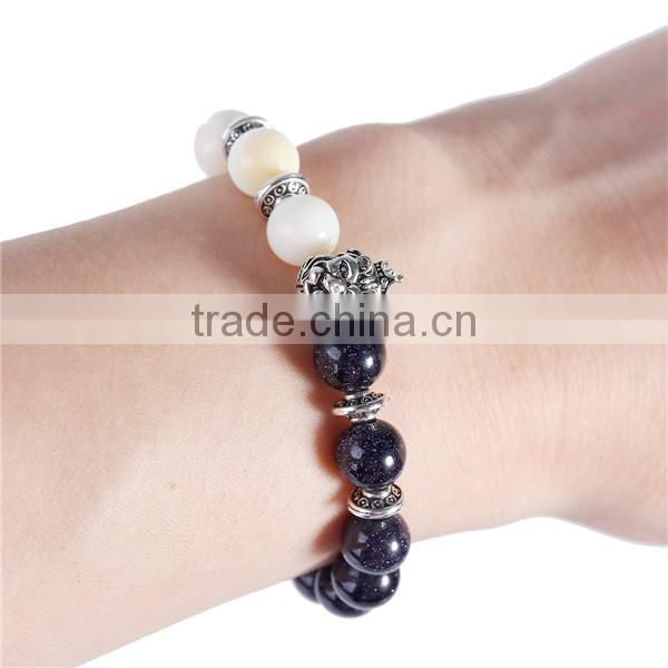 New Fashion Black & White Antique Silver Monkey Head Elastic Stone Lava Blue Sand Beaded Healing Bracelet