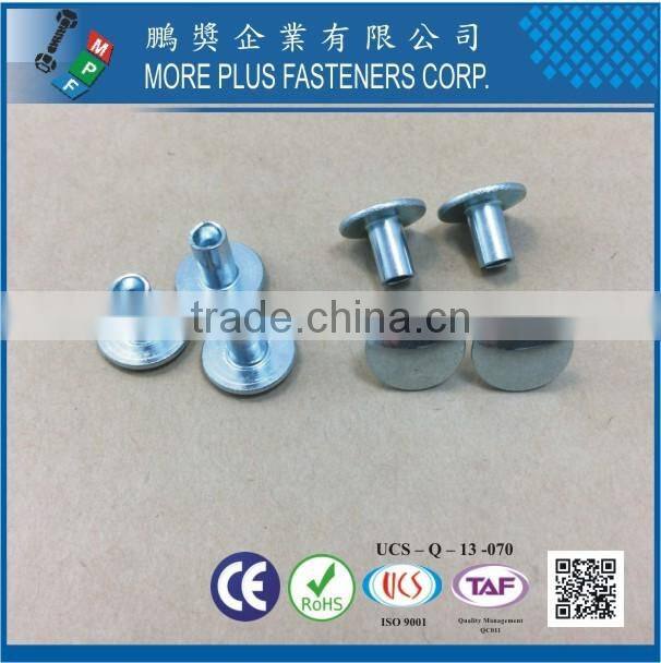 Made in Taiwan Carbon Steel C1006 Zinc Plated CR6+ Wax Oval Head Decorative Semi Tubular Rivets