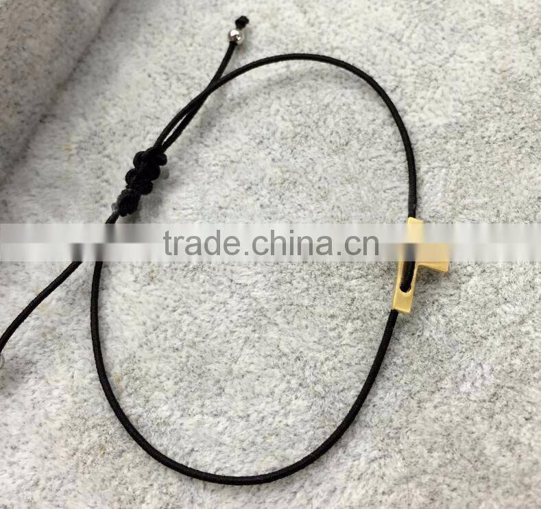 Stainless Steel Small Christian Cross Charm Elastic Black String Adjustable Bracelet Hand Braid Simple Stretching Cord Bracelet