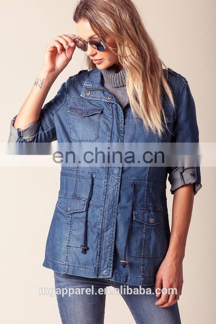 Custom jean jacket wholesale medium-wash roll sleeves woman denim jacket