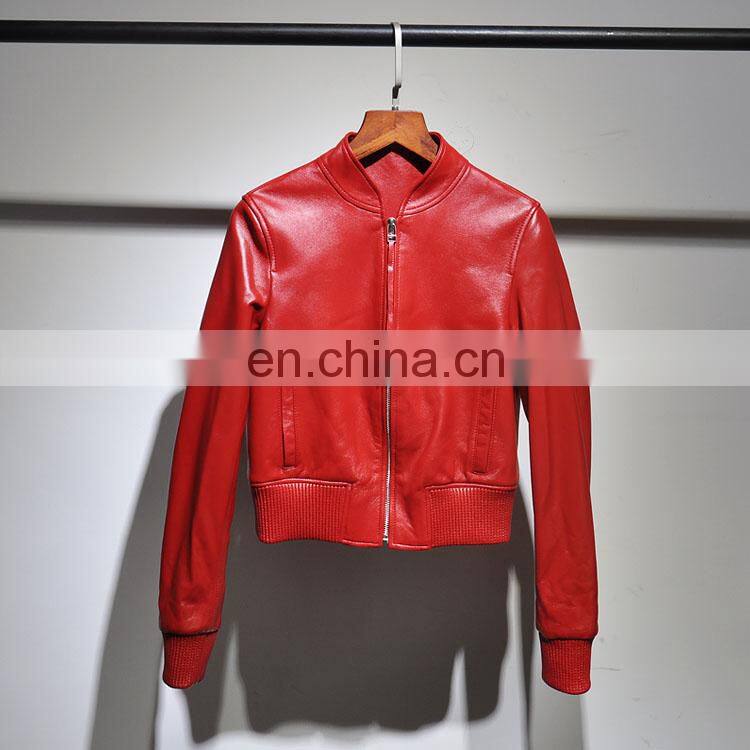 2017 Slim Red Leather Jacket Design Motorcycle Leather Ladies Short Jacket