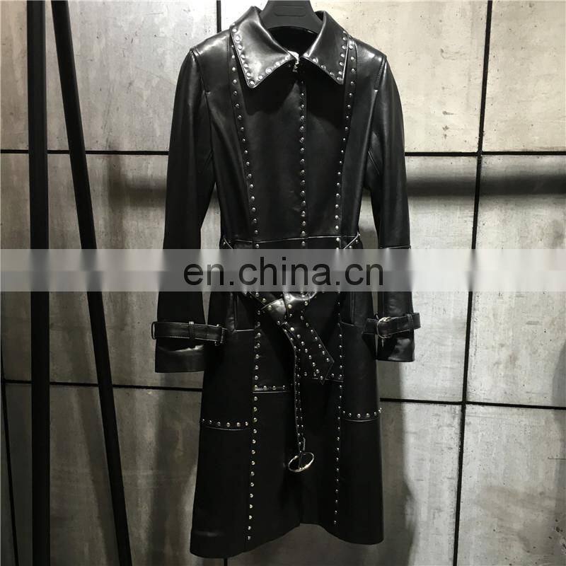 Fashion Classical Lady Windbreaker 100% Leather Jacket Semiformal Wear Ladies Long Leather Jacket