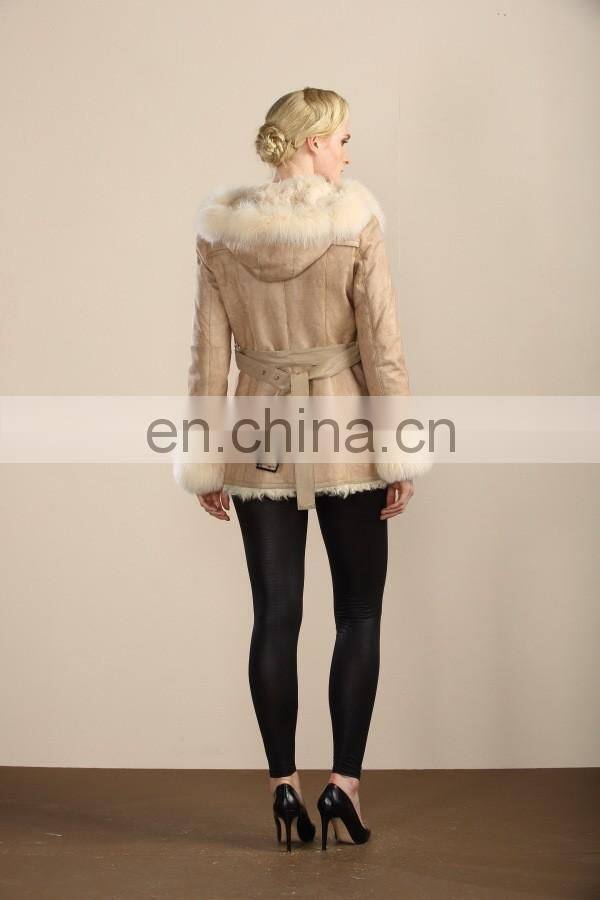 Stylish Sheep Fur & Skin Jacket Real Animal Fur Coat With Cap Leather Jacket For Women
