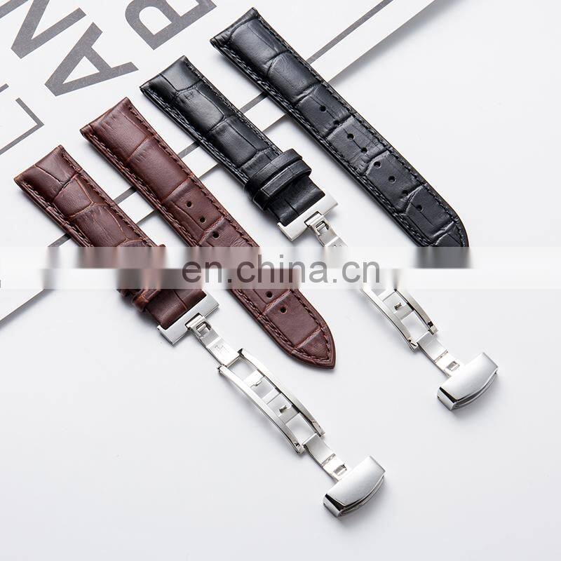High Quality Genuine Leather Watch Bands Strap Stainless Steel Butterfly Single Snap Buckle Watch Accessories