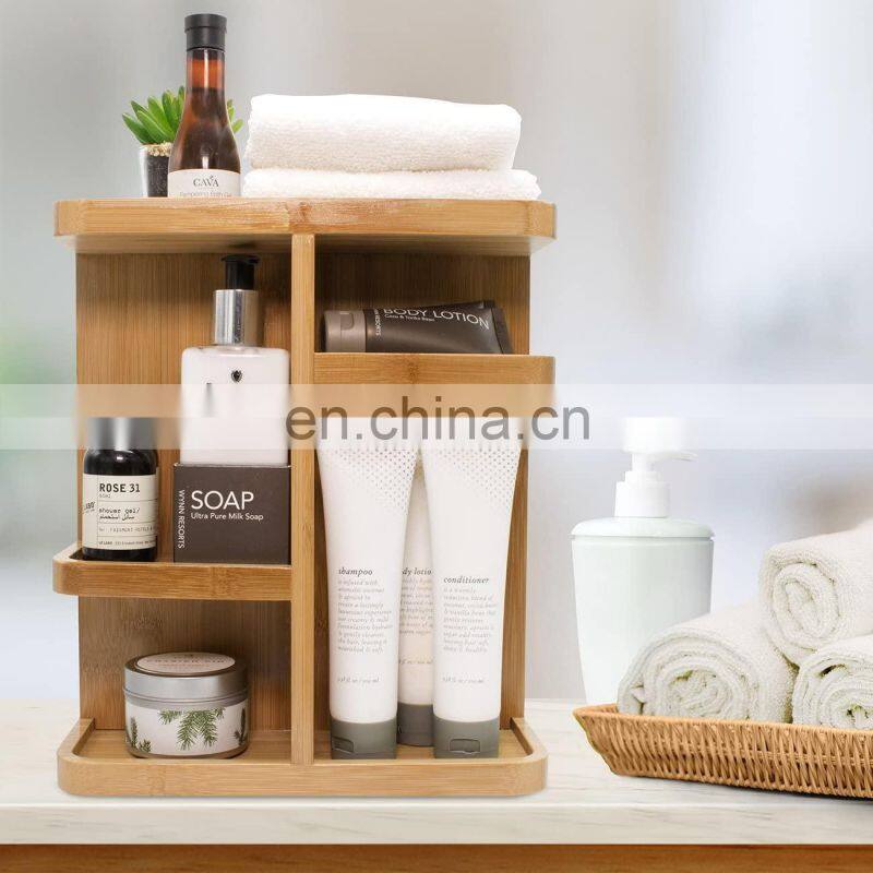 360 degree Bamboo Cosmetic Organizer Multifunction Storage Carousel for Makeup Toiletries and More Great for Vanity Desk