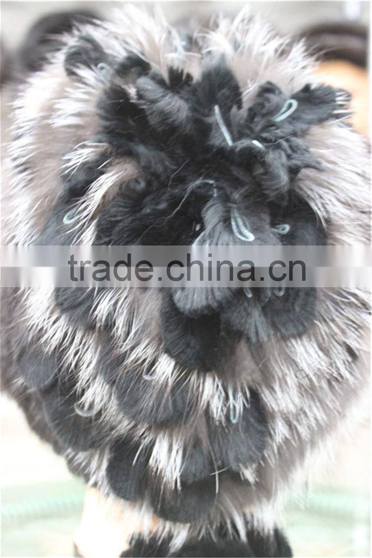 Real Mink Fur Beanies With Silver Fox Fur Pompom Handmade Knitted Hat For Ladies