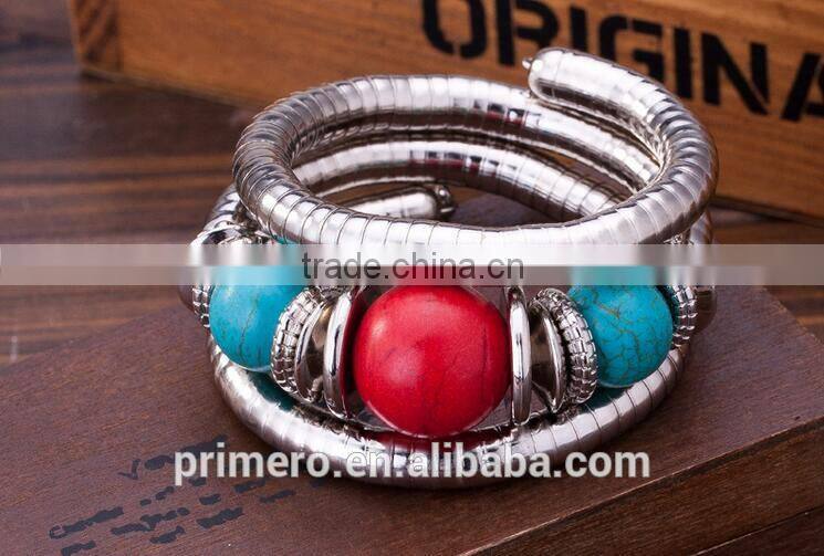 Hot Jewelry Tibetan Silver Bracelet Turquoise Inlay Roundness Bead Adjust Bangle