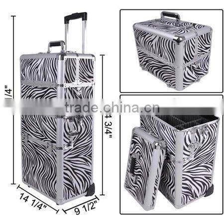 2in1 Zebra Aluminum Makeup Cosmetic Train Rolling Case Hair Style Lockable Box
