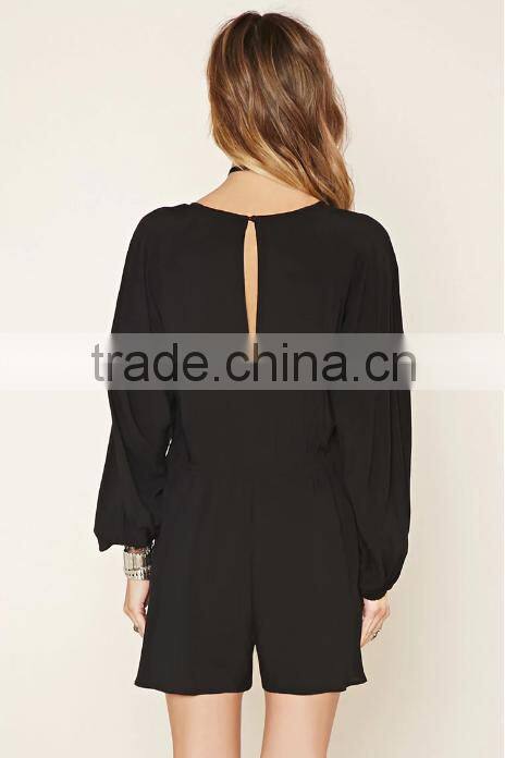 Woven Fabric Black Tassel V-Cut Romper Women