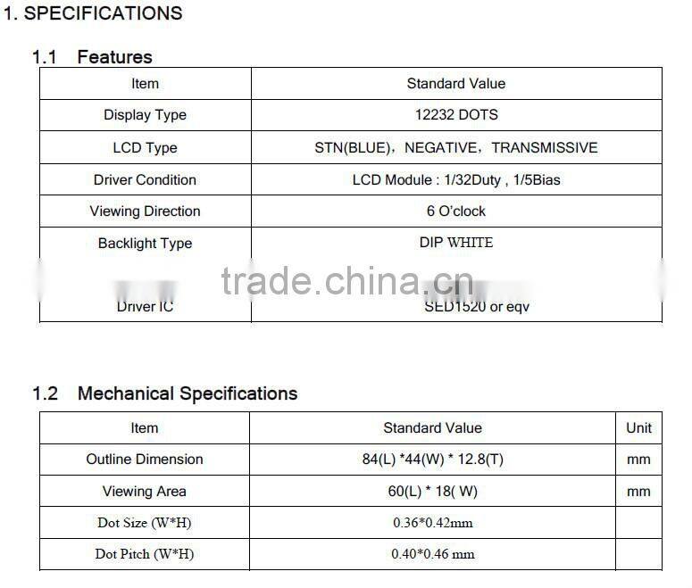 122x32 module display, blue STN,transmissive lcd display