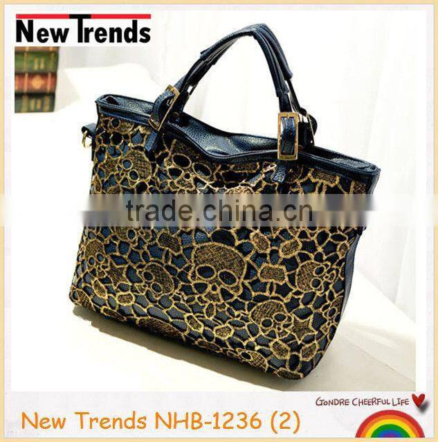 Fashion blue PU and gold skull embroidery handbag