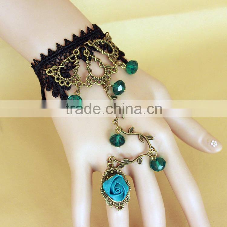 crystal lace bracelet ring, gold bracelet connected ring