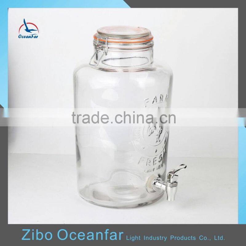 Eco-friendly Cock Embossed Glass Juice Beverage Dispenser Clear Glass Demijohn With Tap