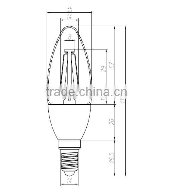 2.5W B35 led filament candle bulb, led filament bulb