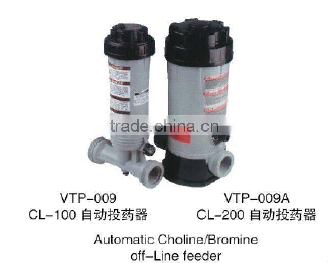 Durable off-line pool automatic feeder of choline/bromine