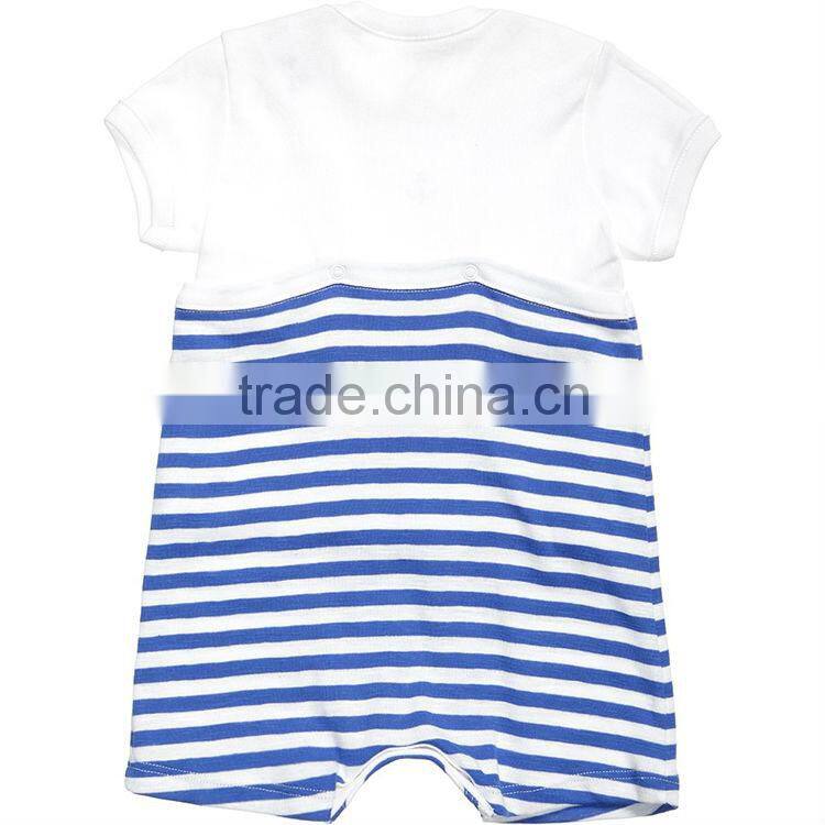 2014 new arrival cotton white plain shirt and blue striped shorts 2 pieces baby romper suit