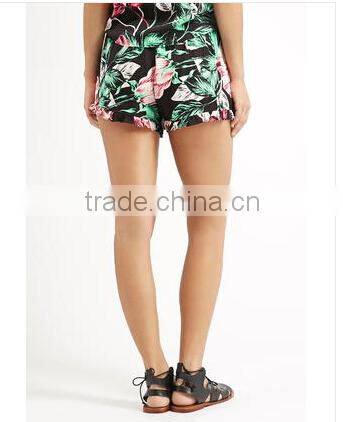 OEM and ODM Service 100% Viscose Frill Trim Hem Print Summer Casual Shorts Women Casual Shorts