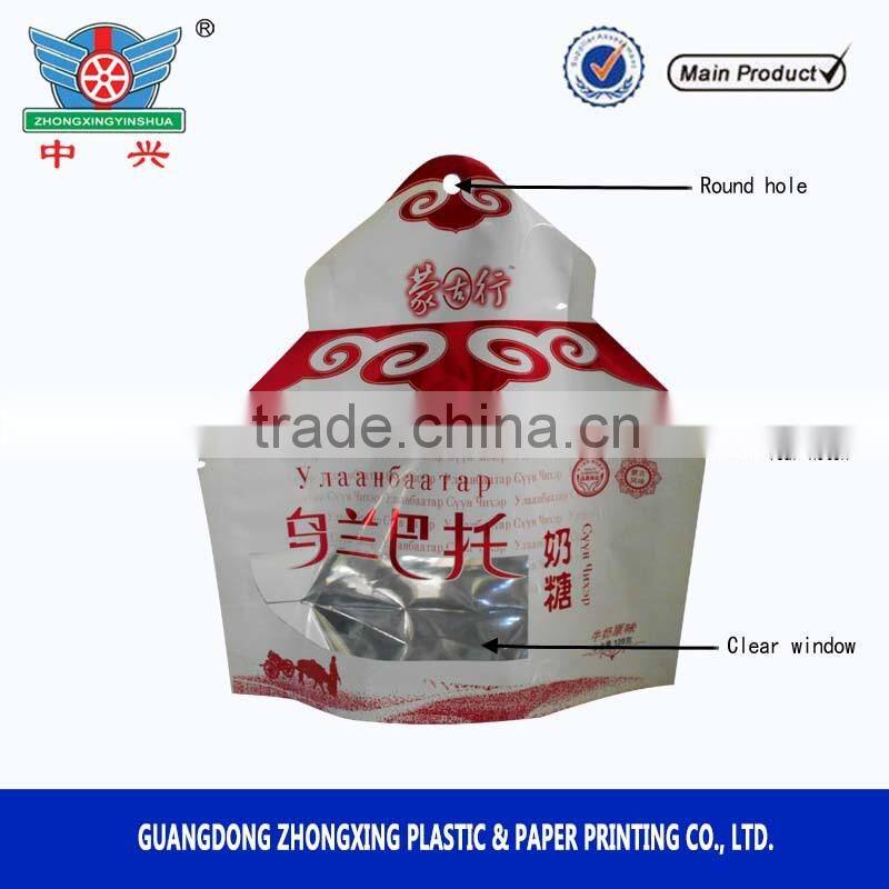 120g Laminated print shaped design with clear window for toffee packaging bag