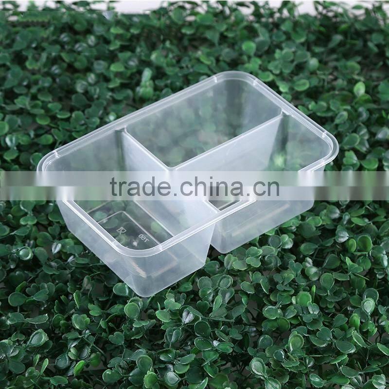Clear 1000ml divided plastic take away 2 compartment microwave safe food container