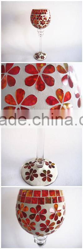Red Flower Pattern Stained Handmade Tall Goblet Glass Mosaic Candle Holder