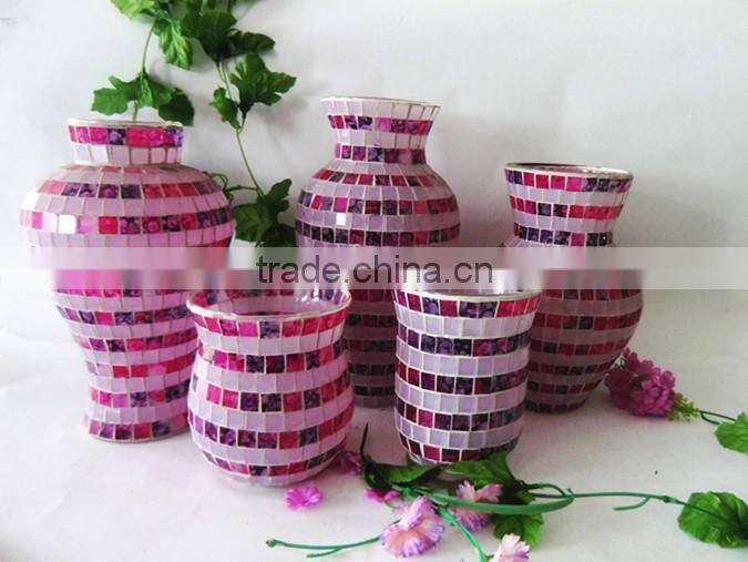 Wedding Ornament Pink Rose Pattern Mosaic Designs Single Cheap Wholesale Glass Flower Vase